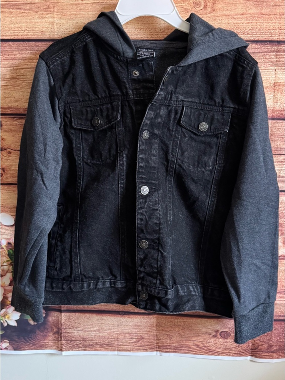 Boys Black Denim Jacket Hoodie Ring of Fire Size L - Picture 1 of 6